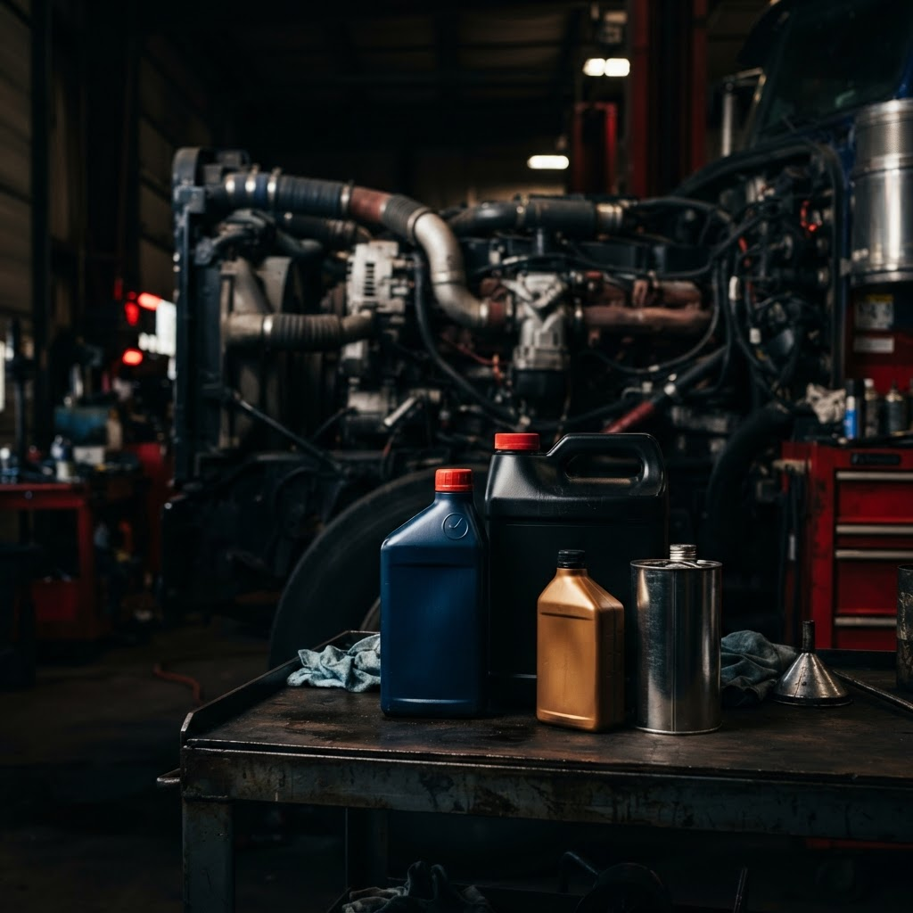 Premium AMSOIL synthetic motor oil and lubricants arranged in a professional workshop